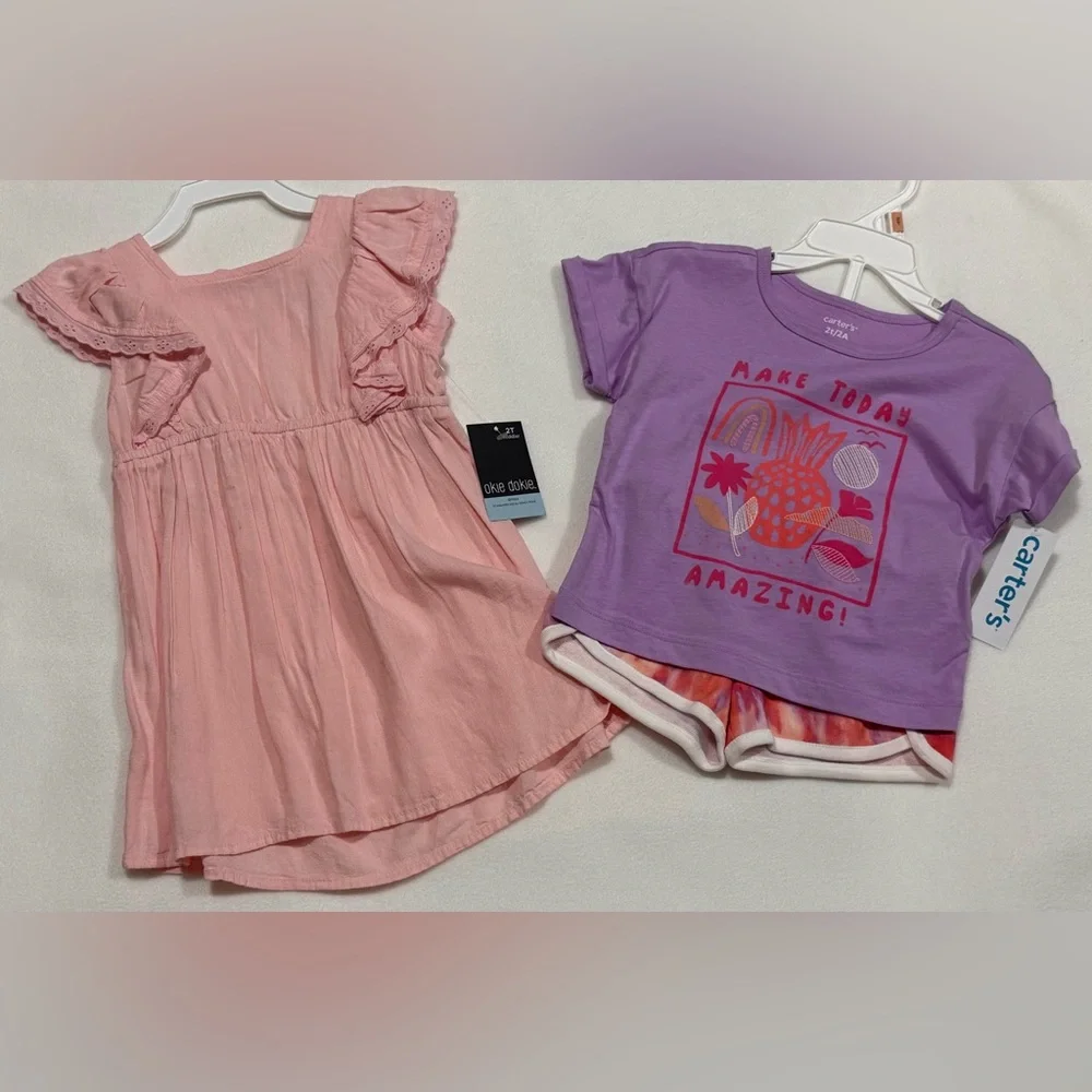 Toddler Girl 2T Bundle - Carter's 2-Pc Top/Short Set & Okie Dokie Dress - NWT